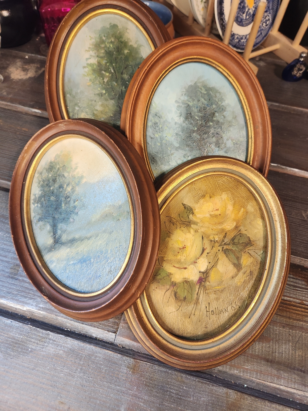 Set of 4 Small Oval Floral & Landscape Paintings, 36-40 Numbers